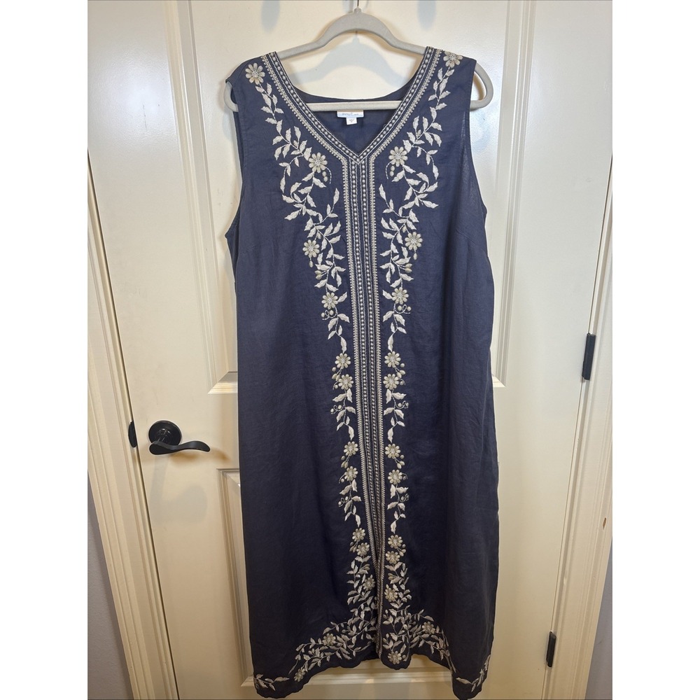 J. Jill Pure 100% Linen Dress Navy Embroidered Long Size XL Resort Coastal